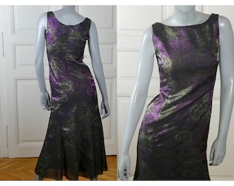 Sleeveless Purple Satin Dress, 1990s Finnish Vintage Evening Midi Cocktail Dress with Pale Green & Silver Abstract Pattern, Size 6 US, 10 UK