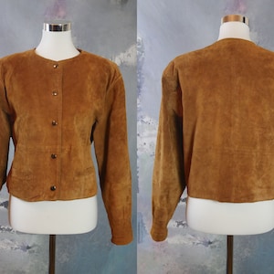 Dark Tan Suede Jacket, 1990 Vintage Brown Cropped Leather Jacket: Size 14 US, 18 UK