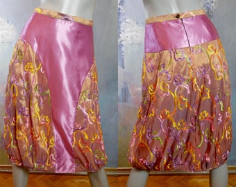 Tulip Skirt, 1990s European Vintage Fuchsia Pink Satin and Dark Gold Nylon : Size 4 / 6 US, 8 / 12 UK, Waist = 26 inches (66.04cm)