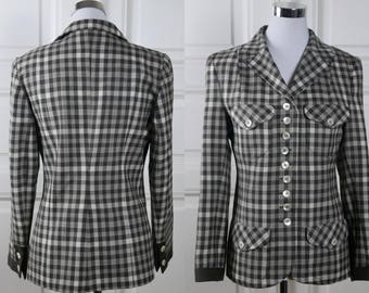 Vintage Wool Blazer, Brown Beige Gray Checked European Blazer, Fitted Jacket: 6 US, 10 UK