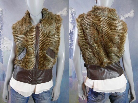 Early 1980s Faux Fur & Fake Leather Sleeveless Zipper… - Gem