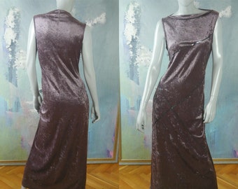 Sleeveless Lilac Long Velour Dress, Elegant Pale Purple Evening Gown with Rolled Boat Neck Collar & Sequins: Size 12 US, 16 UK