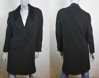 80s Vintage Black Wool Coat with Velvet Collar, Size 12 USA, 16 UK