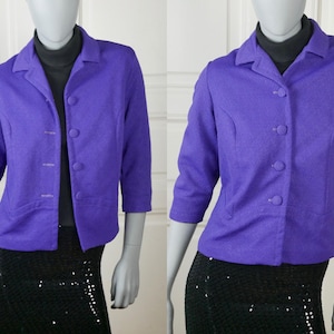 1960er Lila Blazer, Vintage Cropped Dreiviertel Länge Ärmel Jackie Kennedy Style Jacke: Gr. 14 US, 18 UK
