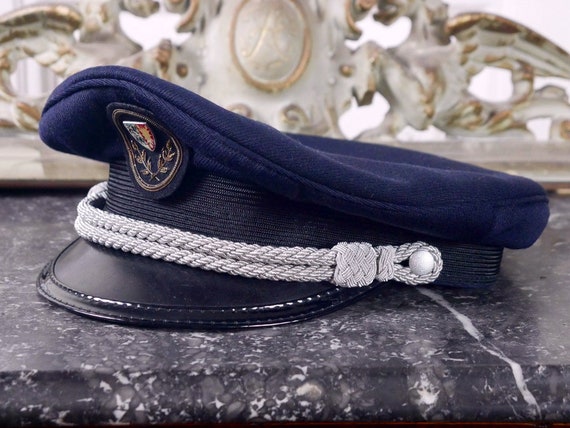 Vintage Military Officers Peaked Cap, Navy Blue w… - image 4