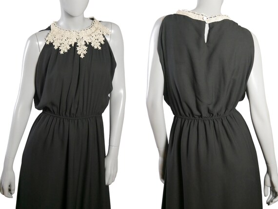 70s Vintage Long Black Sleeveless Dress with Lace… - image 2