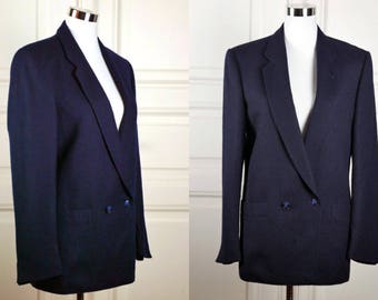 Navy Blue Blazer, Dark Blue Wool Double Breasted European Vintage Jacket, Smart Professional Blazer: Size 10 US, 14 UK