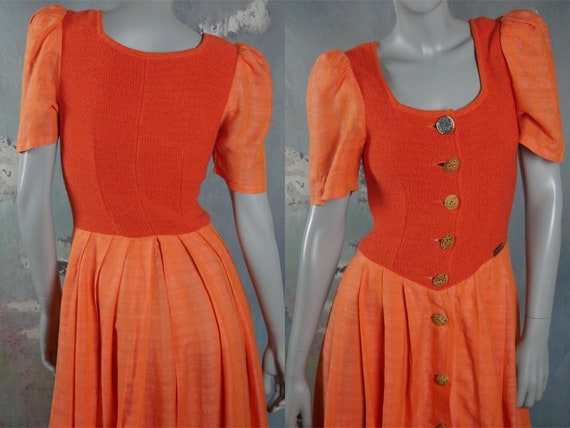 Orange Linen Prairie Dress, 1990s Vintage Short P… - image 1