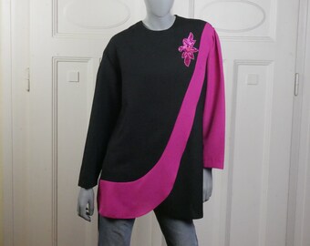 90s European Vintage Blouse, Black and Fuchsia Pink, Size Extra Large, 16/18 US, 20/22 UK