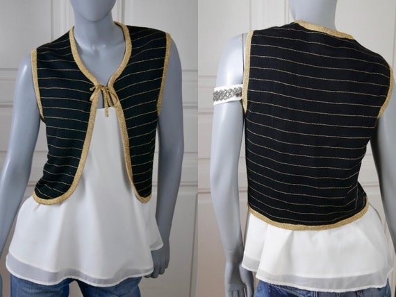 Boho Vest, 1970s Black Rounded-Front Cropped Wais… - image 1