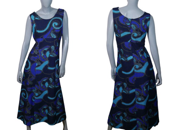 1960s Vintage Long Sleeveless Dress, Dark Blue Tu… - image 1