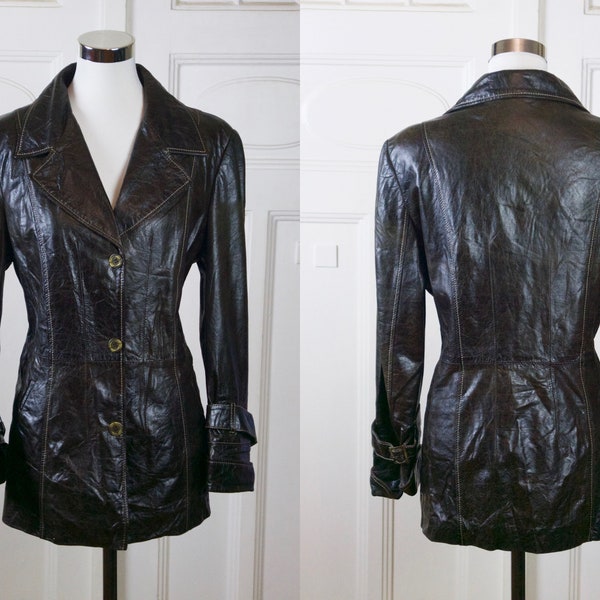 1980s Leather Jacket, Dark Chocolate Brown Soft Lambskin with Wide Collar: Size 10 US, 14 UK