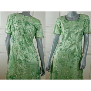 60s Vintage Green Satin Dress, Mint Organza and Sequin Short Sleeve, Size 8 US, 12 UK