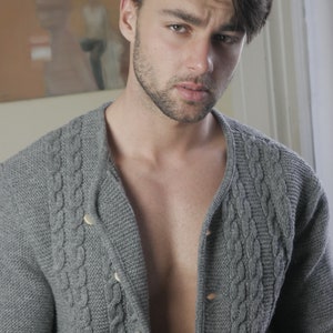 Gray Cable Knit Cardigan, 1990s European Vintage Wool Sweater with Faux Antler Buttons: Size XL (44 to 46 US/UK)