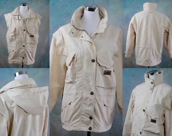 Chaqueta crema con capucha y mangas desmontables, chaqueta de senderismo impermeable vintage austriaca de la década de 1990, tamaño grande