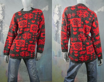 Women's British Vintage Sweater, 1990s Red & Charcoal Gray Wool Angora Blend Pullover Jumper, Made in England: Size 14/16 US, 18/20 UK