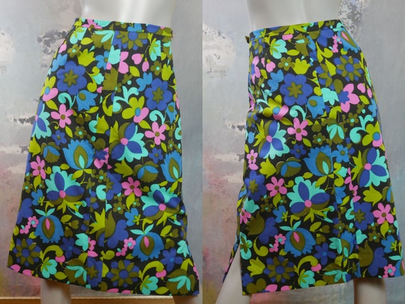 1970s Floral Skirt, Blue Pink Chartreuse Olive Tu… - image 1