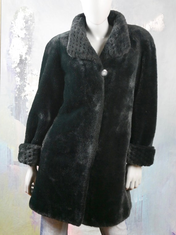 Black Faux Fur Coat, 1980s Swedish Vintage Fake F… - image 7