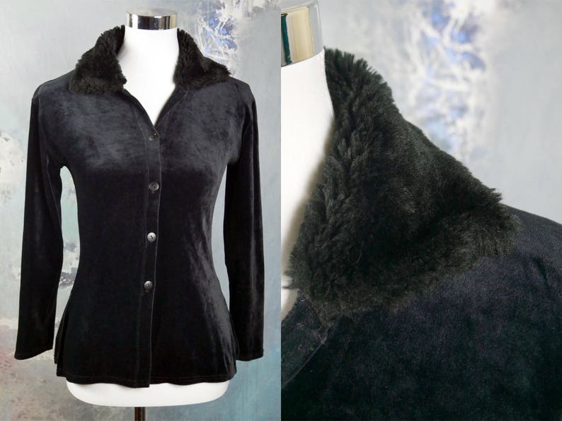Black Long-Sleeve Shirt Blouse w Faux Fur Collar Size 4 US French Vintage Velour Top Size 8 UK