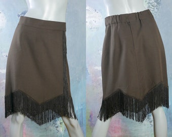 Fringe Skirt, Large, Size 12 to 14 USA, 80s European Vintage Brown Skirt, Waist = 32 inches (81.28cm) elasticated to 34 inches (86.36cm)
