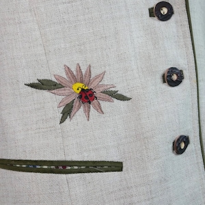 Bavarian Vintage Trachten Vest Women's, Cream Linen Landhaus Waistcoat, Embroidered Tyrol Vest, Traditional Folk Vest: Size 12 US, 16 UK