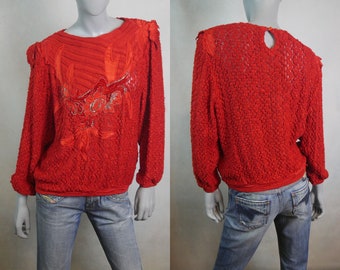 Burnt Orange Pullover, 80er Jahre Vintage Pullover Top mit Samt und Satin Blumen Applikation