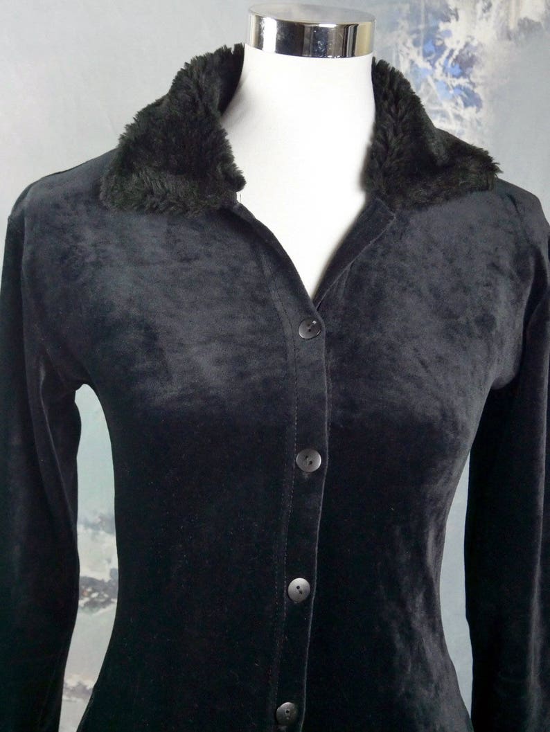 Black Long-Sleeve Shirt Blouse w Faux Fur Collar Size 4 US French Vintage Velour Top Size 8 UK