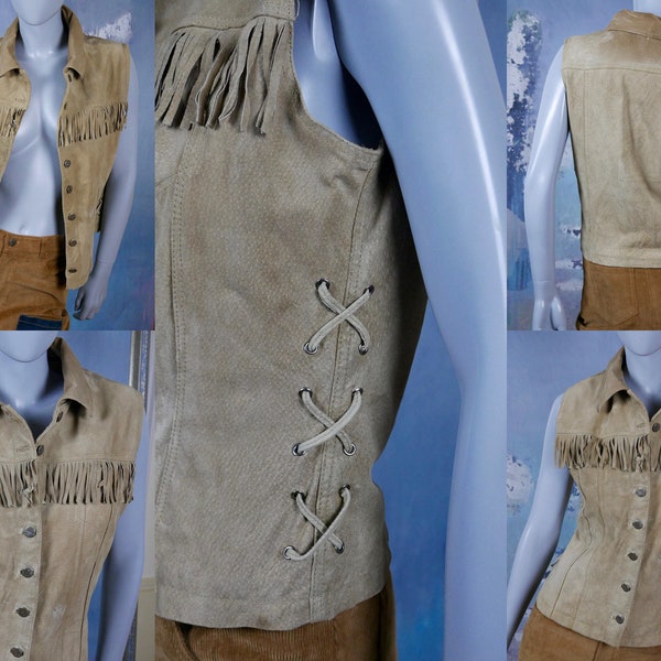 Tan Leather Vest, European Vintage Light Brown Genuine Pigskin Leather Fringe Western Waistcoat: Size 10 US, 14 UK