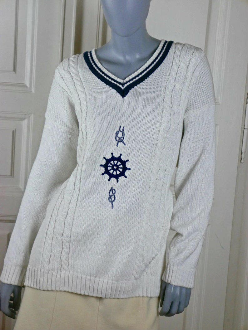 1618 UK Cable Knit Pullover Sweater: Size 1214 US Italian Vintage Nautical Sweater White Navy Blue Cotton Knit V-Neck Sailor Jumper