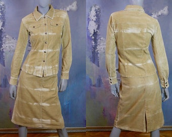 Camel Tan Corduroy Dress Set, 1990s European Vintage Beige with Acid Wash Blazer Jacket & Skirt Two Piece Suit: Size 6/8 US, 10/12 UK