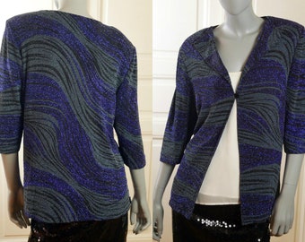 French Vintage Metallic Cardigan, Elegant Dark Blue Black & Silver Shimmering Elegant One-Button Evening Sweater: Size 16 US, 20 UK