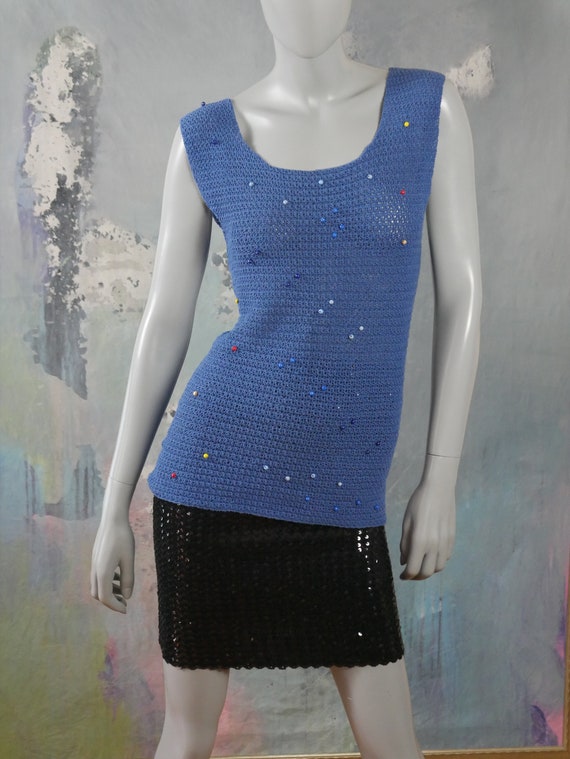 Blue Summer Sweater Vest Sleeveless Beaded 1990s … - image 2