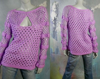 Lilac Purple Crochet Sweater, 1990s European Vintage Pullover Jumper: Size 12 US, 16 UK