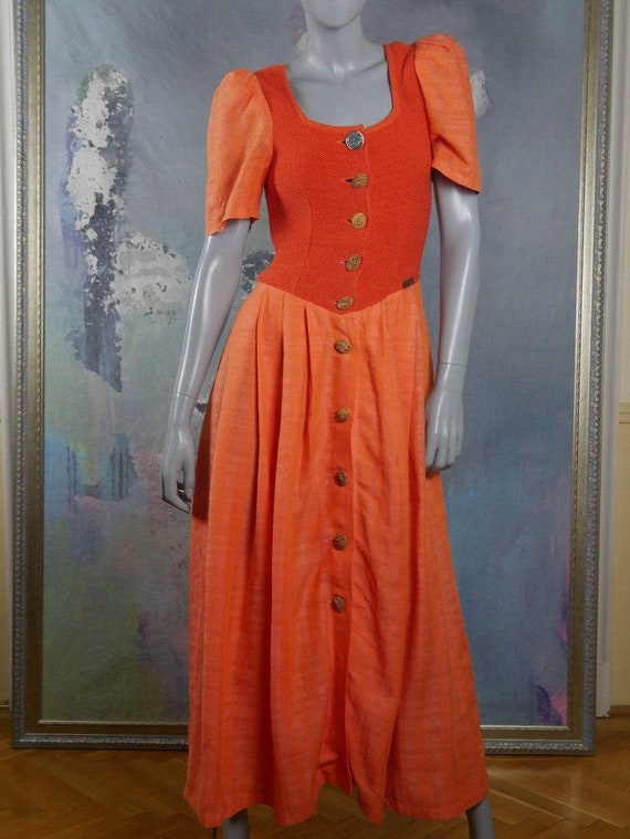 Orange Linen Prairie Dress, 1990s Vintage Short P… - image 2