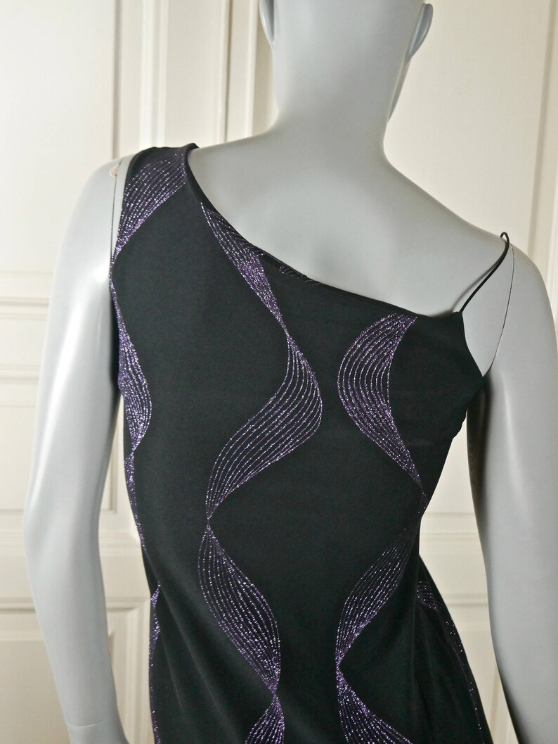 Black Purple Glittering Elegant Long Sleeveless Formal Dress Star Party Dress: 6 US 10 UK French Vintage One Shoulder Evening Dress