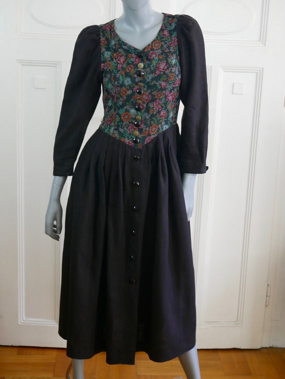 Black Linen Puff Sleeve Dress with Floral Brocade - image 2