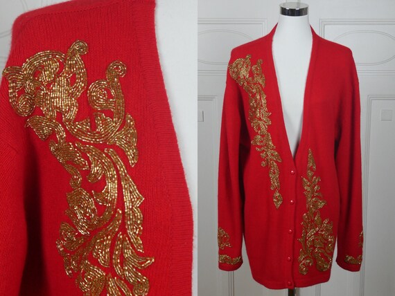 Gold Beaded Red Knit Cardigan, 1990s Italian Vint… - image 1