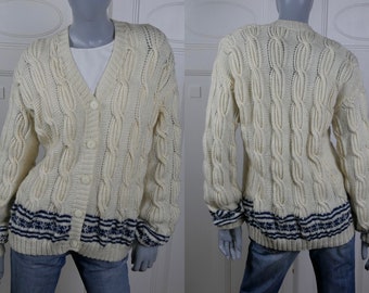 Cable Knit Cardigan, 90s Vintage Cream Sweater with Blue Fair Isle Stripes, Size 14/16 US, 18/20 UK