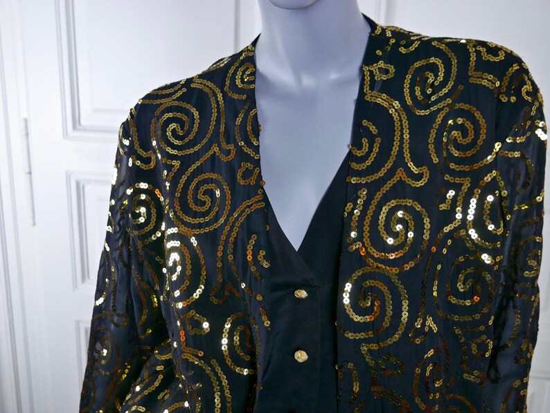 Black Gold Sequin 1980s Cocktail Blouse Formal Party Wear Blazer Top: Size 12 US Size 16 UK European Vintage Elegant Evening Top
