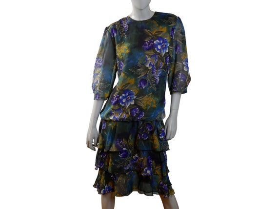 80s Floral Dress, Elegant British Vintage Layered… - image 1