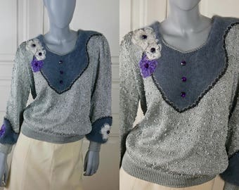 German Vintage 1990s Couture Sweater, Silver Cotton Knit Boucle Gray Angora Wool w Lace Flowers w Faux Amethyst Jewel Features: 12 US, 16 UK