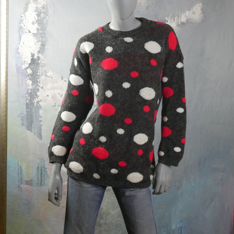 18 UK Polka Dot Sweater Size 14 US 1980s British Vintage Charcoal Gray Red and White Soft Warm Winter Pullover Jumper
