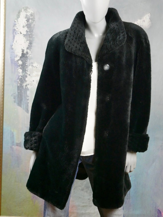 Black Faux Fur Coat, 1980s Swedish Vintage Fake F… - image 4