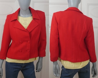 Coral Red Cropped Wool Jacket, 80s Spanish Vintage Short Double-Breasted Jacket: Size 10 US, 14 UK