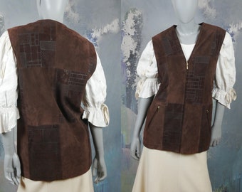 Long Leather Vest, Brown Suede 1990s European Vintage V Neck Zip Up Waistcoat: 12 US, 16 UK