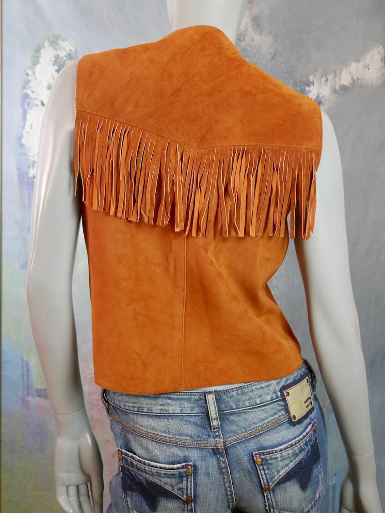 Size 12 US Butternut Squash Ruddy Brown Suede Western Cowgirl Waistcoat Leather Fringe Vest 16 UK