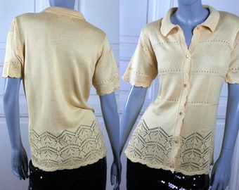 Pale Cornsilk Yellow Knit Top, 1990s Short-Sleeve Machine-Knit Button-Down European Vintage Yellow Cardigan Sweater Top: Size 10 US, 14 UK