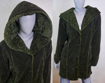80s Vintage Green Velvet Coat, Warm Winter Penny Lane Style  Coat with Shearling Like Hood, Size Large, 12 to 14 USA, 16 to 18 UK