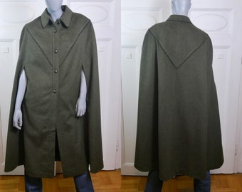 Vintage Cape Coat, Olive Green Loden Wool 1980s, Size 8 US, 12 UK