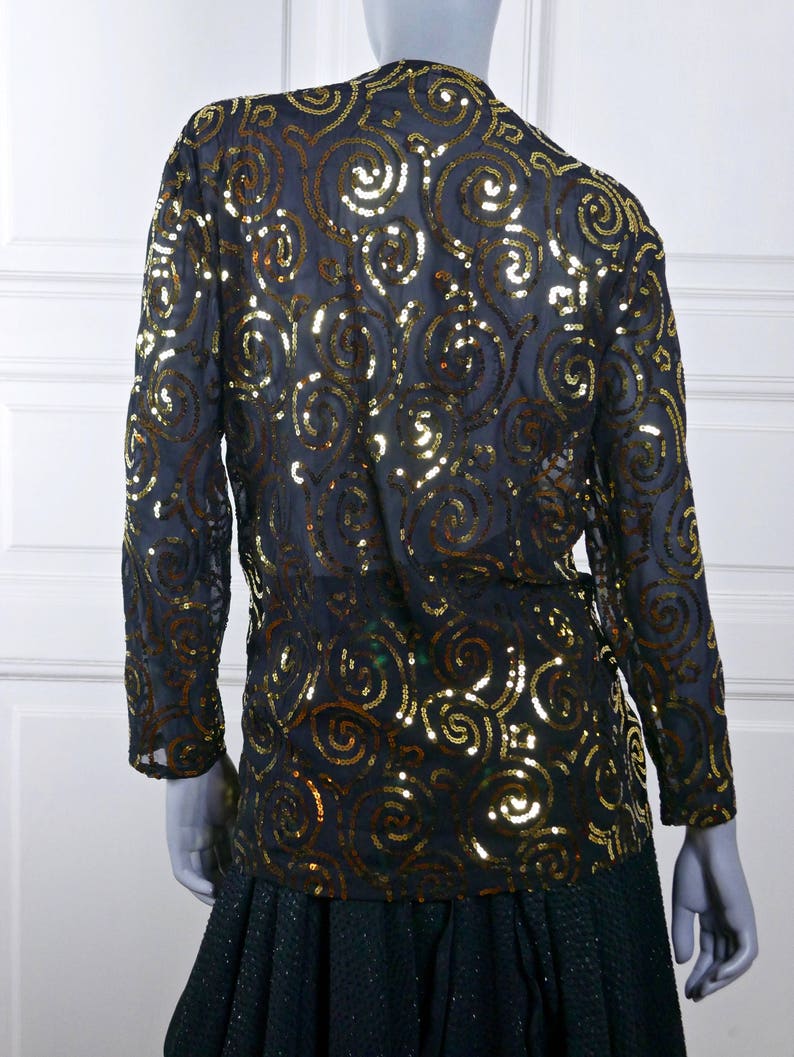 Black Gold Sequin 1980s Cocktail Blouse Formal Party Wear Blazer Top: Size 12 US Size 16 UK European Vintage Elegant Evening Top